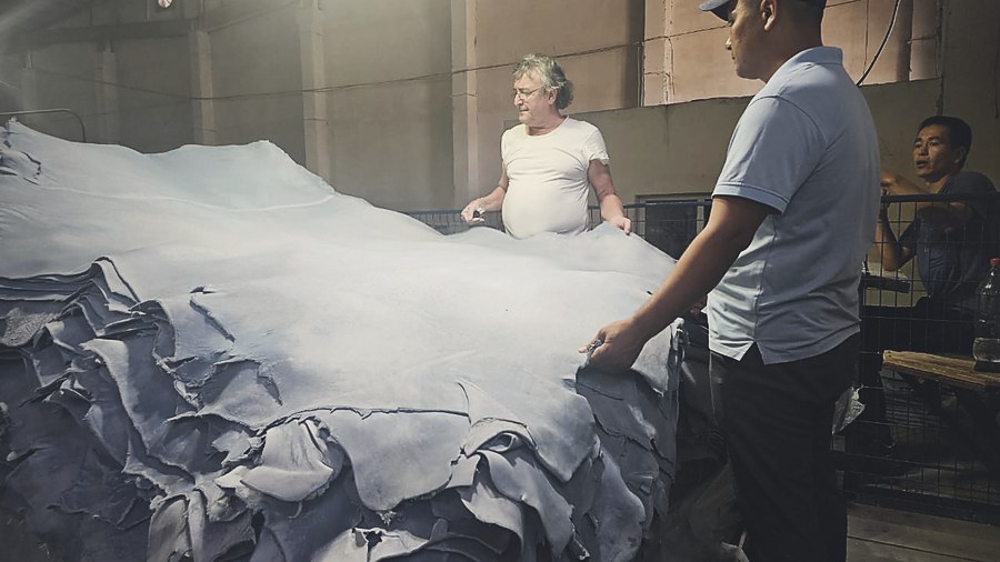 Wet blue hides being graded and selected